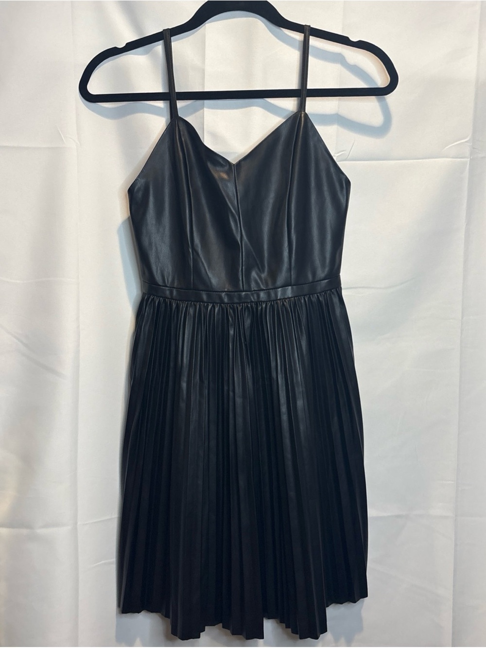 Steve Madden Black Faux Leather Pleated Spaghetti Strap Mini Dress